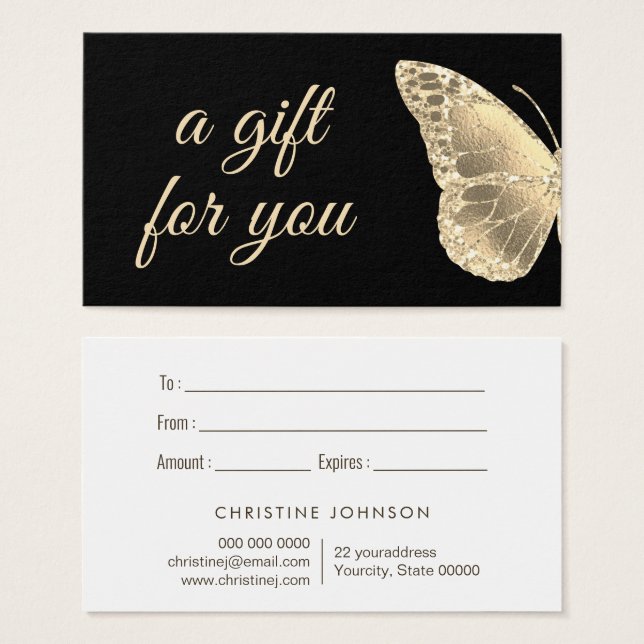 carte cadeau design papillon doré (Devant & derrière)
