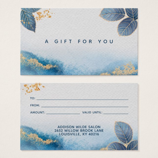 Carte Cadeau Feuilles Botaniques Aquarelle Bleu Or (Devant & derrière)
