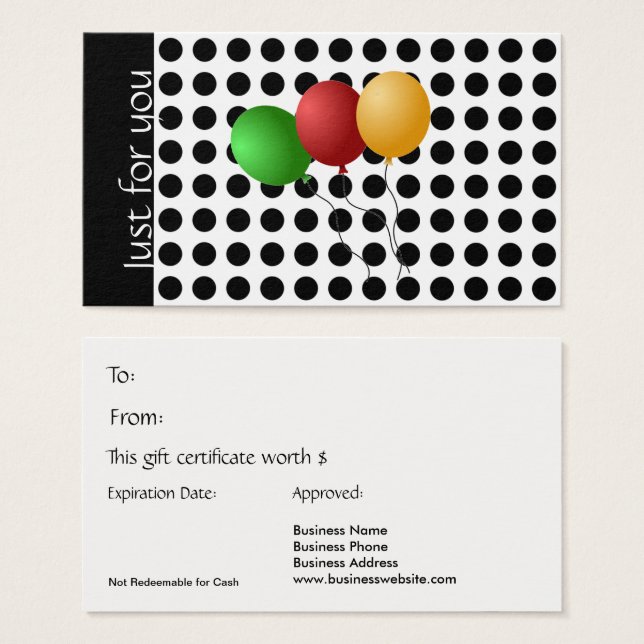 Carte Cadeau Juste pour vous Pois noir et blanc (Devant & derrière)