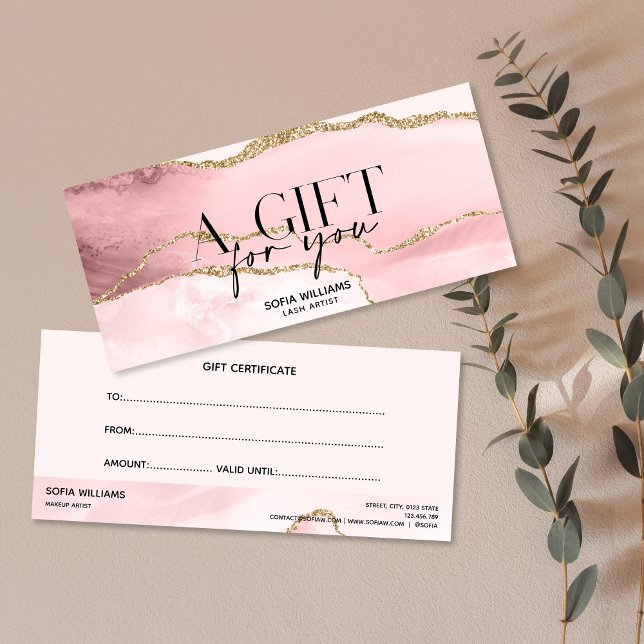 Carte cadeau moderne Blush Pink Agate Certificate (blush pink agate with gold glitter gift certificate)