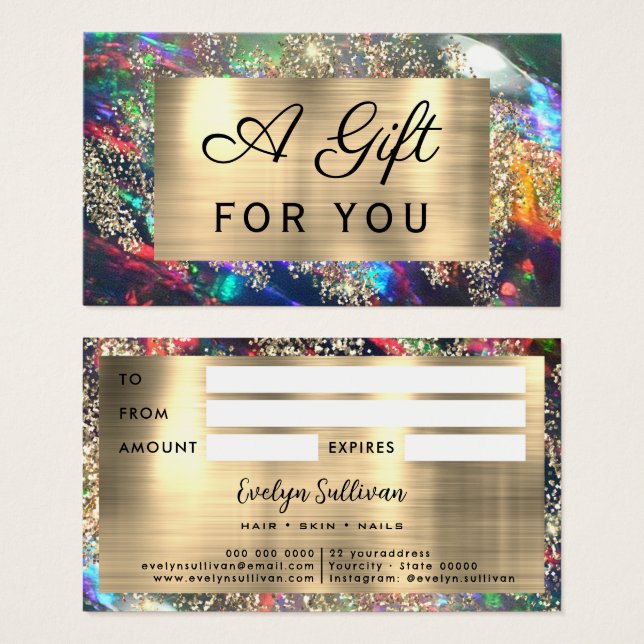 Carte cadeau opale noire parties scintillant or (Devant & derrière)