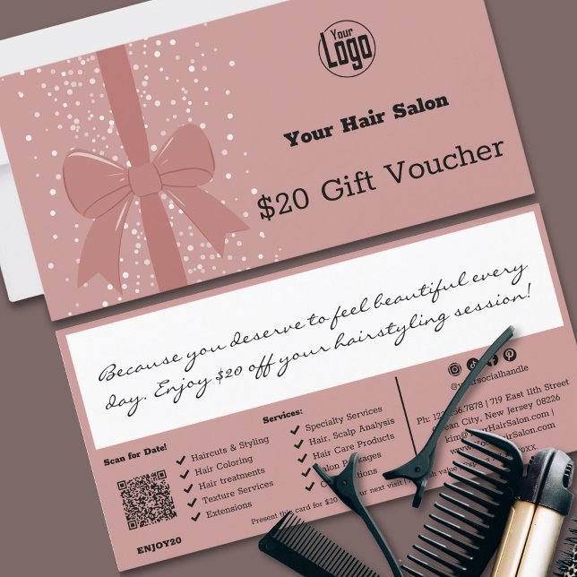 Carte cadeau Pièce-cadeau de code QR rose noir (Pink Black QR Code Salon Note Gift Voucher Card, Ribbon)