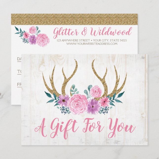 Carte cadeau Rustic Wood & Floral Antlers (Devant / Derrière)