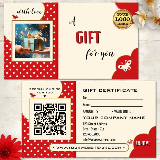 Carte cadeau Whimsical Retro Butterfly Photo (Retro gift certificate featuring a red and ivory polka dot design with butterflies - QR code - logo)