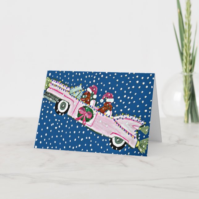 Carte Cadillac de Noël Dachshund Santas (Devant)