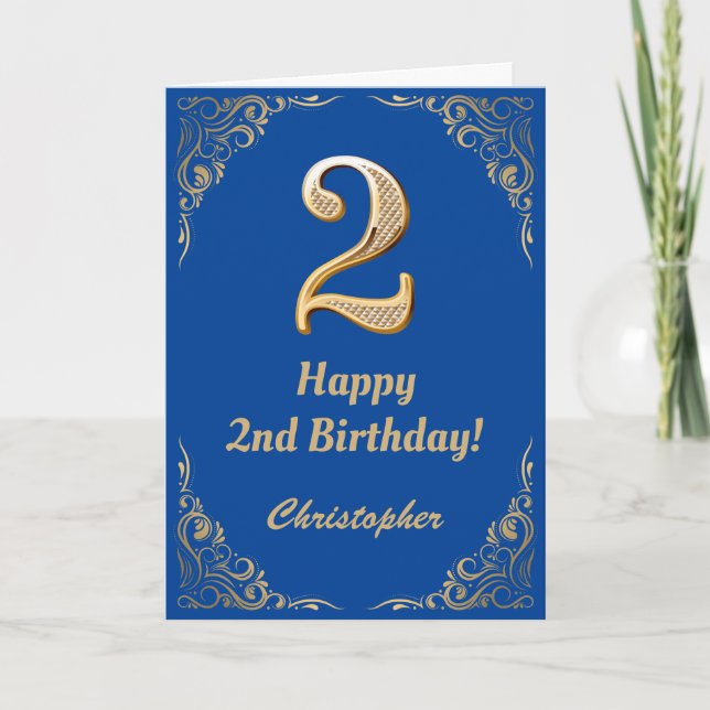 Carte Cadre de Parties scintillant bleu et or 2e anniver (Devant)