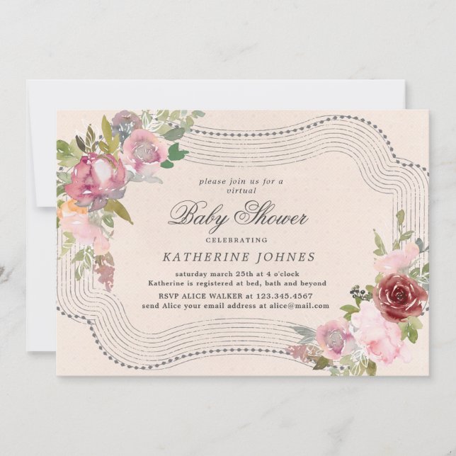 Carte cadre floral rustique baby shower virtuel invitati (Devant)
