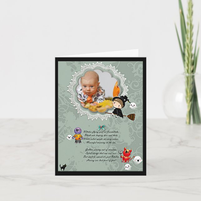 Carte Cadre photo avec Sorcière, Monstres, Fantôme, Chat (Devant)