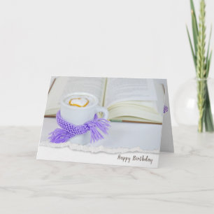 Carte café avec coeur et livre ouvert anniversaire