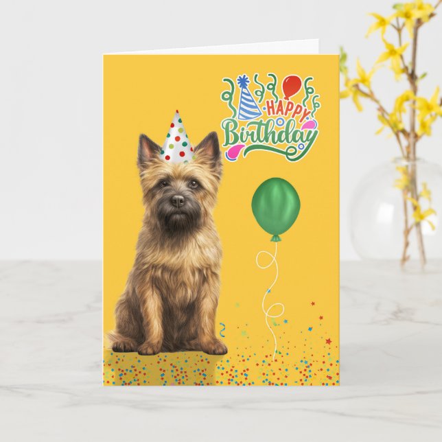 Carte Cairn Terrier Dog Party Hat Yellow Birthday (Fleur jaune)