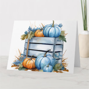 Carte Caisse de citrouille bleue et orange aquarelle