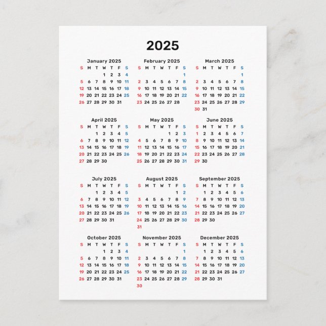 Carte Calendrier 2025 : Début du dimanche, noir et (Devant)