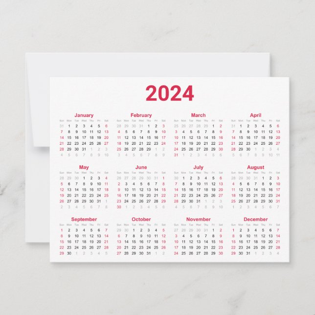 Carte Calendrier annuel simple rouge et blanc 2024 (Devant)