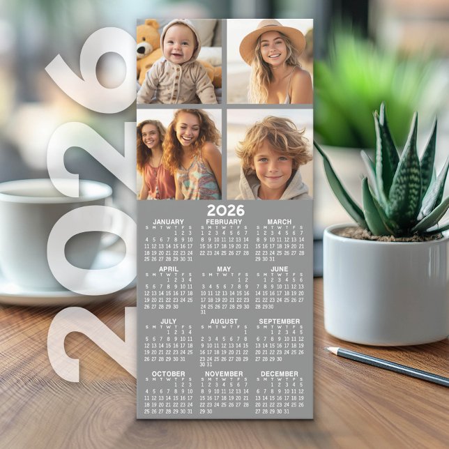 Carte Calendrier avec collage de 4 photos - Gris - Carto (2026 Calendar on Cardstock - Simple, Minimal Design and Photo Collage)