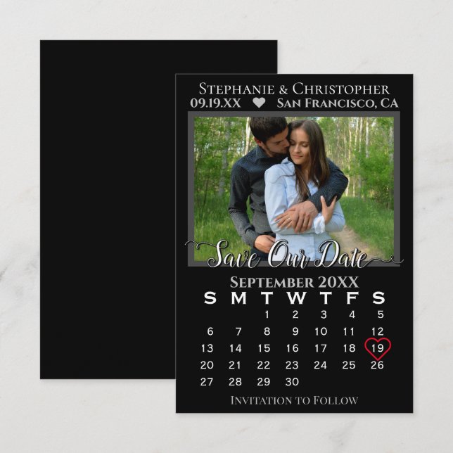 Carte Calendrier photo simple Mariage noir Enregistrer n (Devant / Derrière)