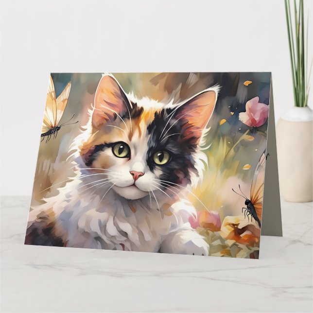 Carte Calico Cat et Papillons dans le jardin de printemp (Devant)