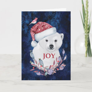 Carte Calin d'ours polaire Chapeau Oiseau Joie de Noël