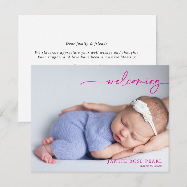 Carte Calligraphy Pink Welcoming Baby Announcement card (Devant / Derrière)