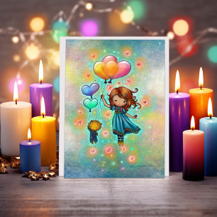 Carte Camarades à cœur flottant Fille et chaton avec bal