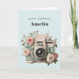 Carte Camera with Flowers Retro Pastel Image Birthday