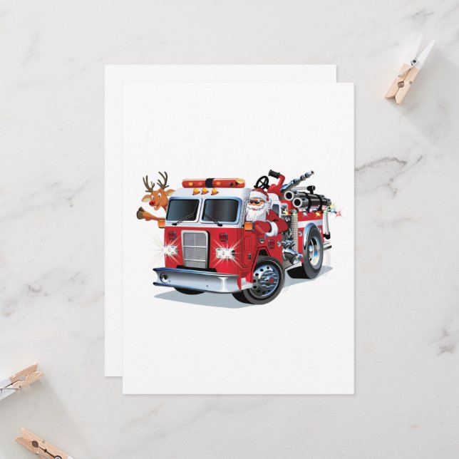 Carte Camion de pompiers de Noël de dessin animé (Devant/Arrière en situation)