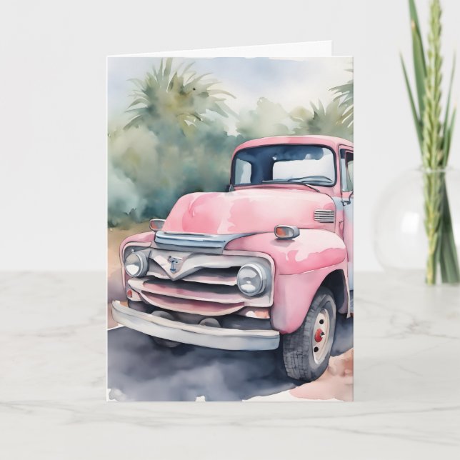 Carte Camion Rétro Rose Aquarelle Anniversaire (Devant)