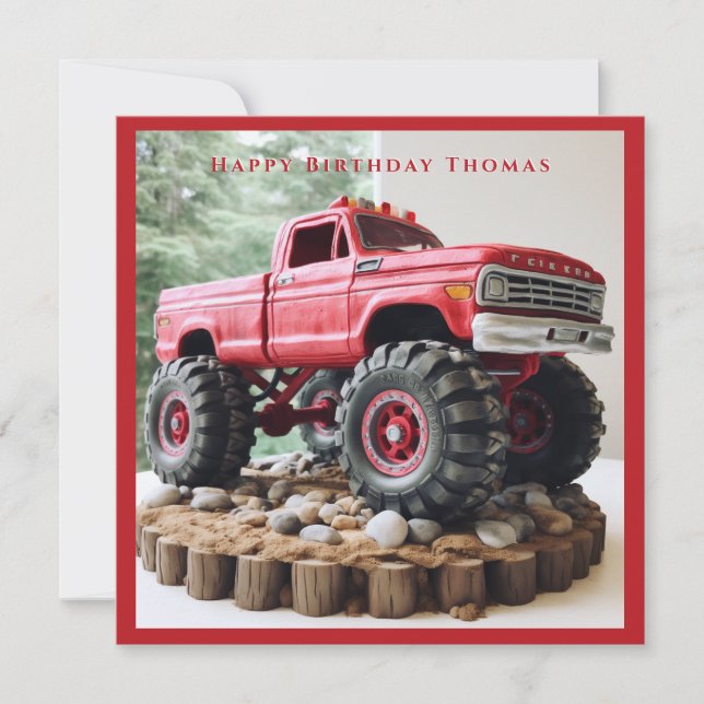 Carte Camion rouge gâteau d'anniversaire Pneus noirs Roc (Devant)