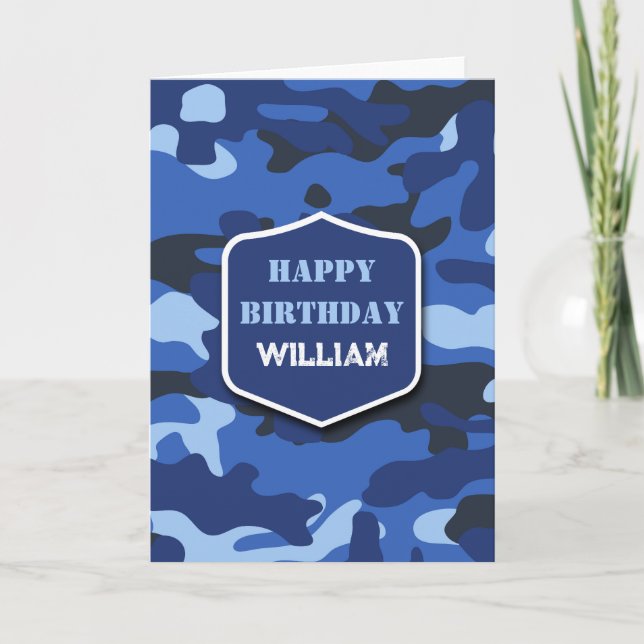 Carte Camouflage Bleu Camo Armée Monogramme Anniversaire (Devant)