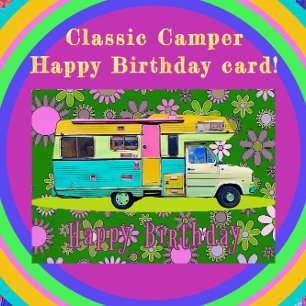 Carte Camper Retro Coach et Fleurs Mood Joyeux Anniversa