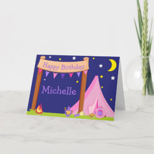Carte Camping Anniversaire Dormir rose et violet