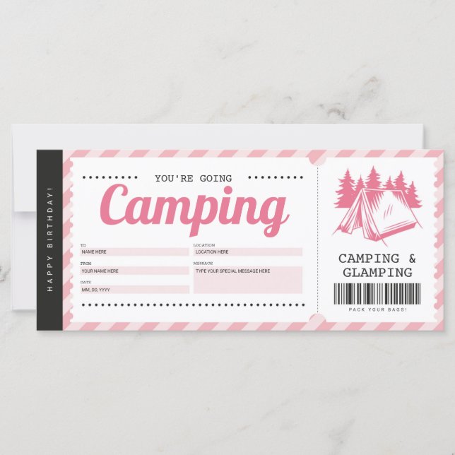 Carte Camping Pink - Bon cadeau, Certificat de camp d'ét (Devant)