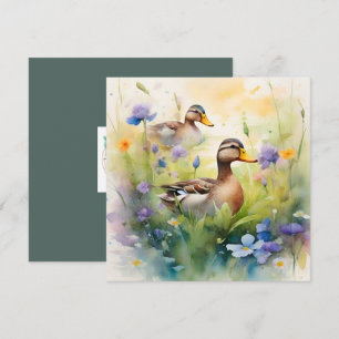 Carte Canard aquarelle mignon et fleurs sauvages vierge 