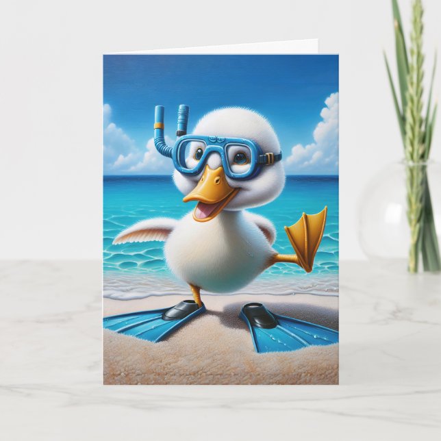Carte Canard D'Anniversaire Avec Tuba Sur La Plage (Devant)