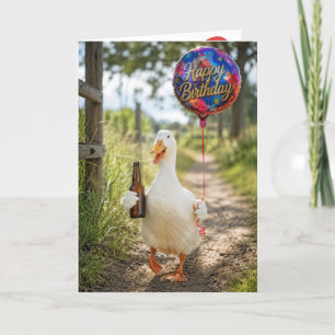 Carte Canard d'anniversaire avec une bière et un ballon