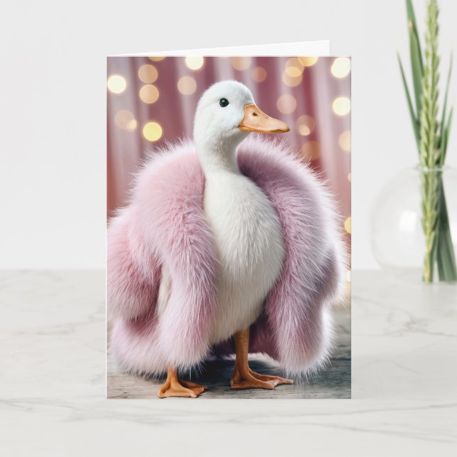 Carte Canard d'anniversaire portant un manteau de fourru (Devant)