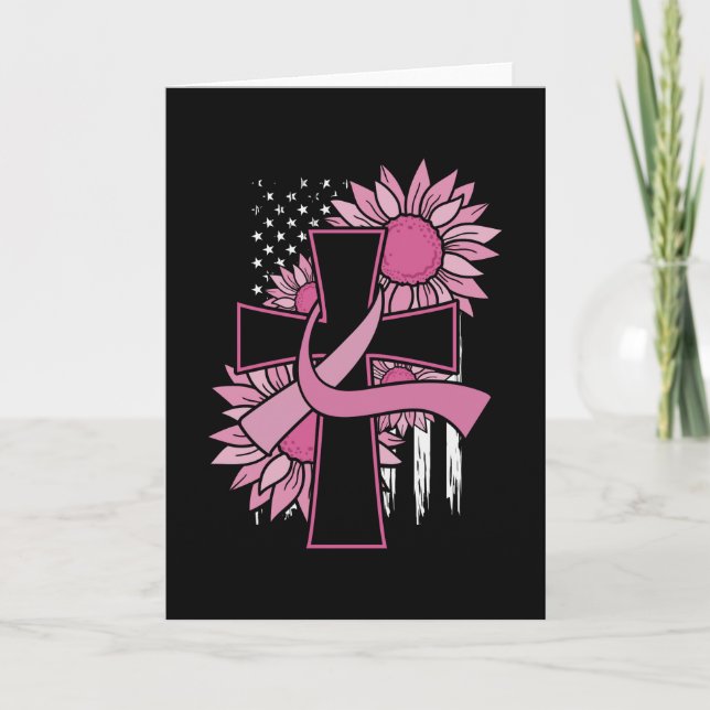 Carte Cancer du sein Tournesol rose Ruban Croix Foi (Devant)