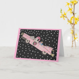 Carte Caniche à Noël dans une décapotable rose