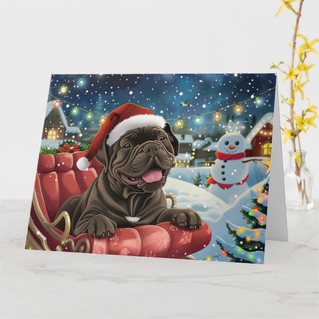 Carte Canne Corso Chien à Sleigh Neige Noël (Fleur jaune)