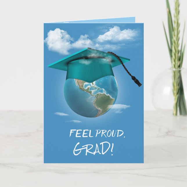 Carte Cap de graduation turquoise sur la planète Terre (Devant)