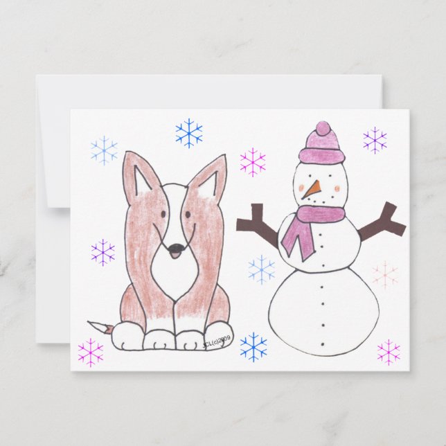 Carte Cardigan Welsh Corgi & Snowman (Devant)
