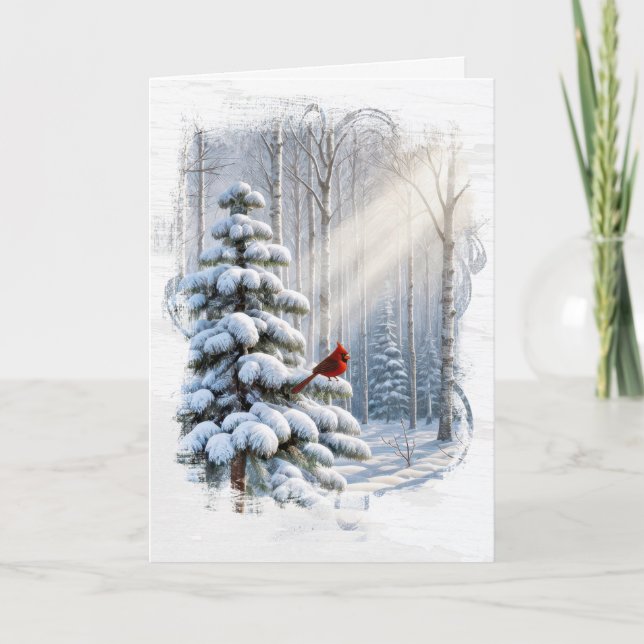 Carte Cardinal de Noël dans un pin d'hiver (Devant)