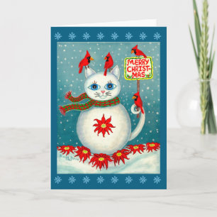 Carte Cardinal oiseau neige Noël Poinsettia bonhomme de