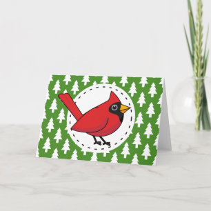 Carte Cardinal rouge de dessin animé sur motif de pins v