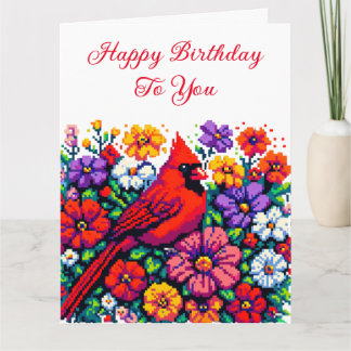 Carte Cardinal rouge et fleurs Anniversaire personnalisé