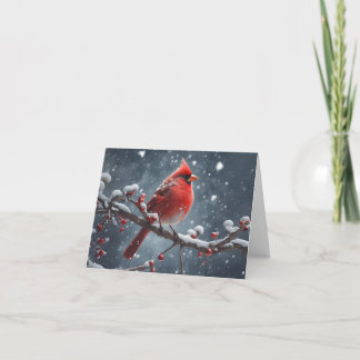 Carte Cardinal rouge sur Arbre Branche Neige Noel blanc