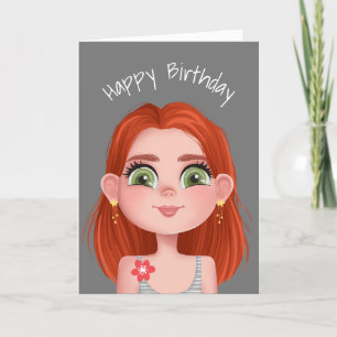 Carte Caricature Anniversaire Fille à tête rouge sur gri