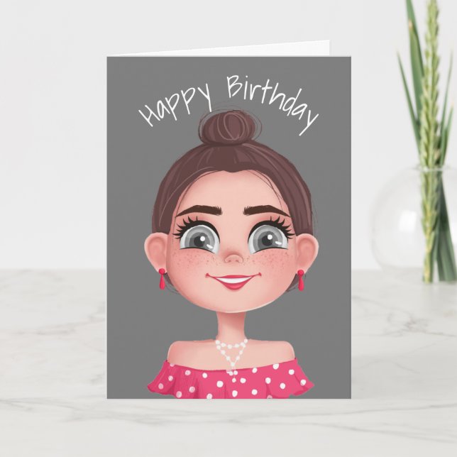 Carte Caricature Anniversaire fille sur Grey (Devant)