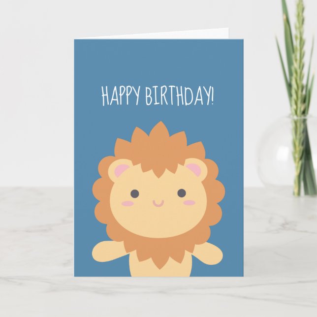 Carte Caricature Cute Kawaii Lion Garçon Enfants Joyeux  (Devant)