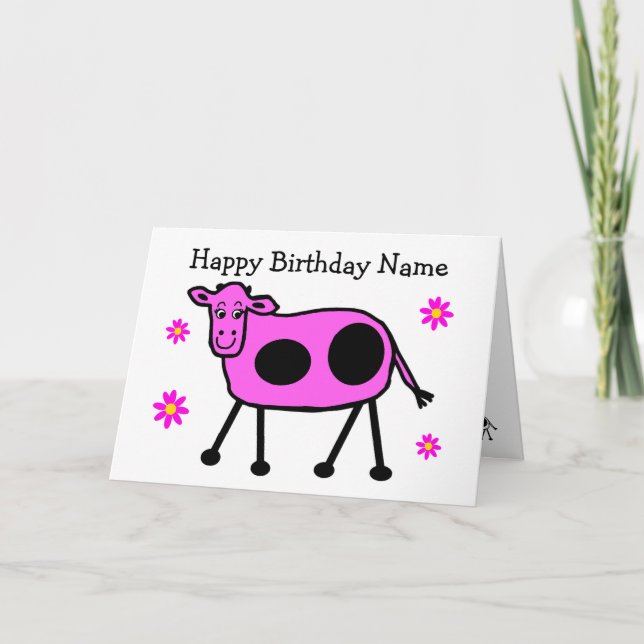 Carte Caricature de la vache rose fine et des fleurs (Devant)
