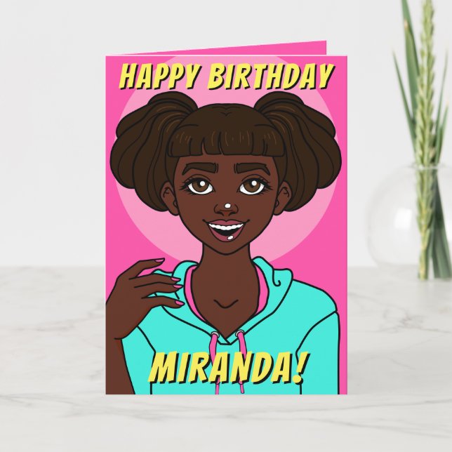 Carte Caricature de peau foncée mignonne Ado fille Anniv (Devant)